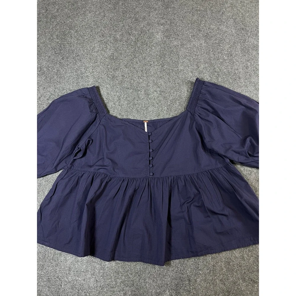 Free People Navy Blue Cotton Puff Sleeve Babydoll Blouse Top Large